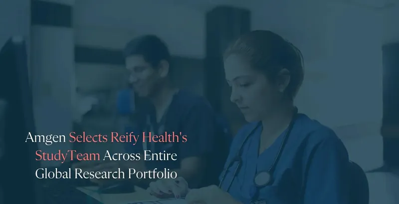 Text on top of an image of health workers working at a computer