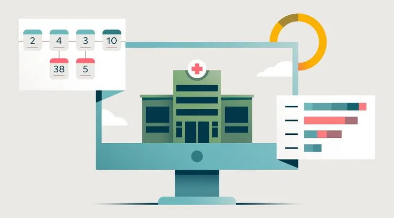 Illustration of a computer showing a site and some metrics indicating site status