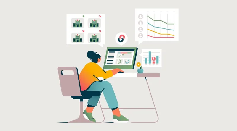 Illustration of a woman at a desk at a computer looking at work in StudyTeam